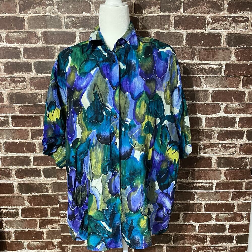 Compagnie International EXPRESS Womens Sz L Silk Blue Green Floral Button Up Top